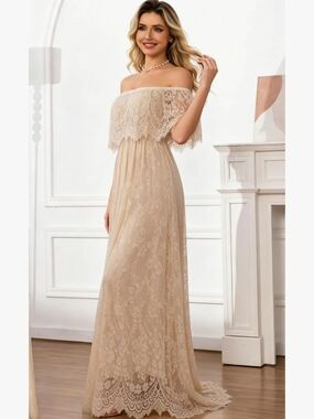 Strapless Lace Maxi Dress in Beige - Elegant Off-Shoulder Evening Gown